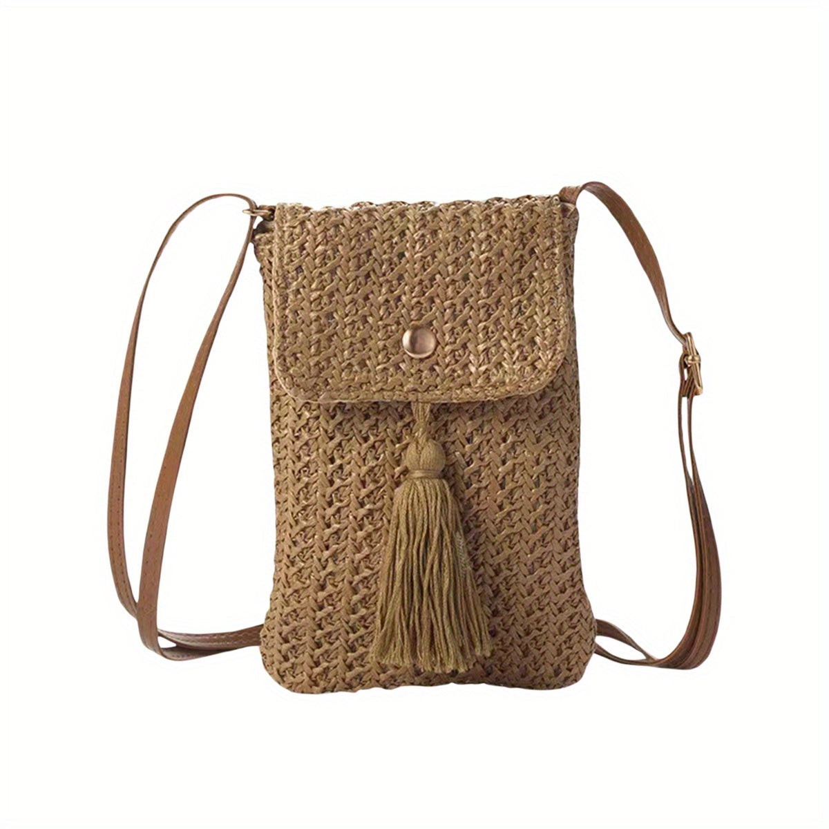 Women's Chic Beige Woven Crochet Crossbody Bag with Adjustable Strap, Tassel Detail & Magnetic Closure - Lightweight Fabric Phone Purse