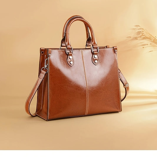 Genuine Leather Tote Bag Ladies Handbag With Removable Shoulder Strap, Zipper Closure - Suitable For Work And Travel