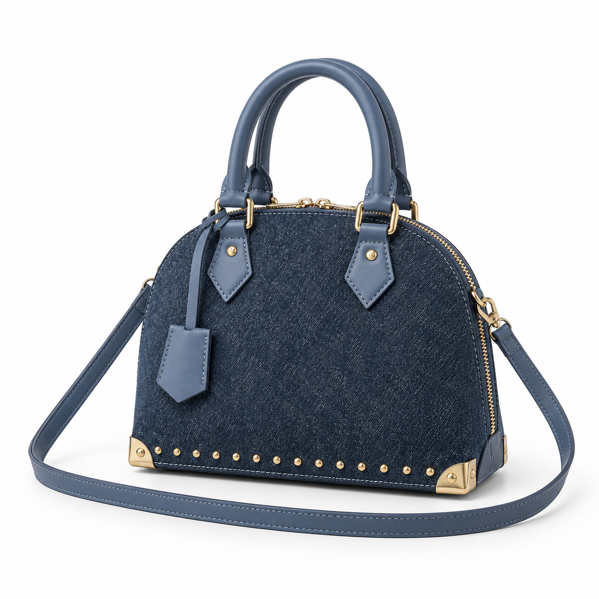 Blue Denim Dome Handbag With Studs