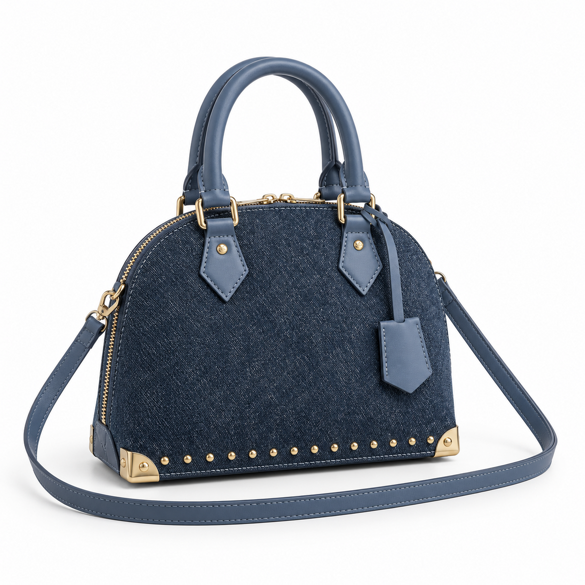 Blue Denim Dome Handbag With Studs