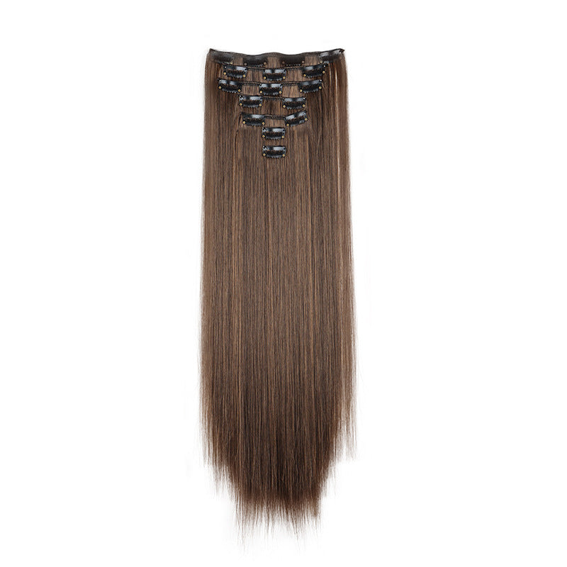 Long Straight Hair Extensions in a Seven-Piece Set, Suitable for Women, Featuring European And American Styles with 16 Clips for a Curtain Effect