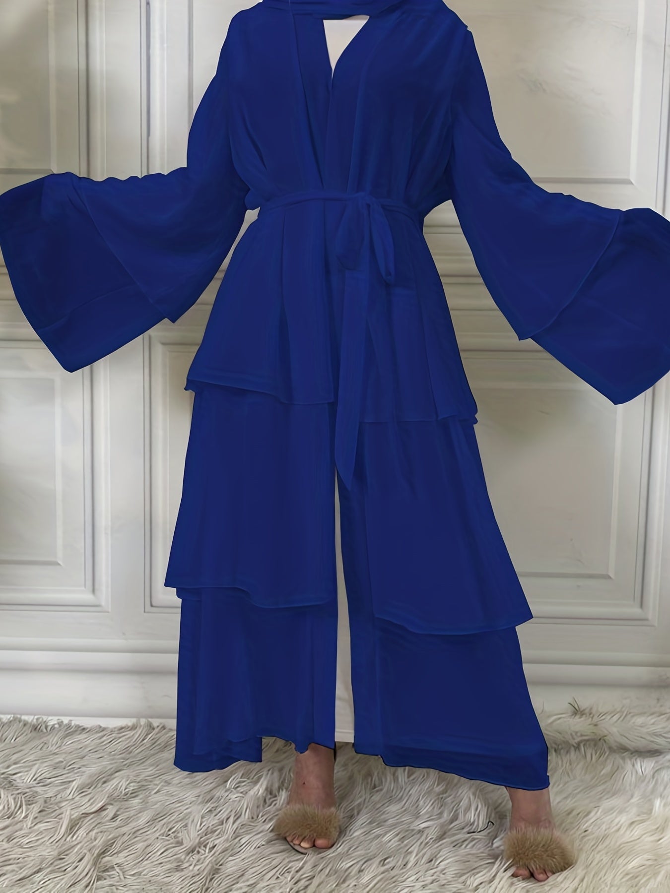 Ramadan Layered Open Front Modest Pakistani Abaya, Long Sleeve Muslim Dress With Belted, Without Hijab, Women's Clothing