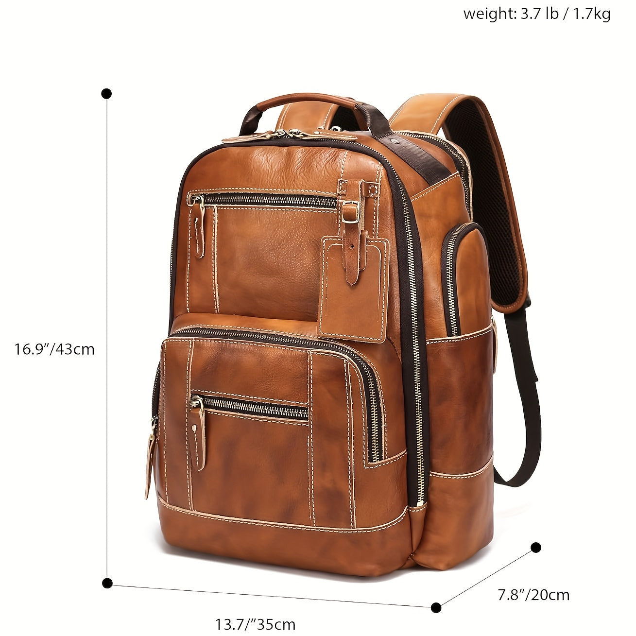 Vintage Genuine Leather Laptop Bag for Men, 15.6" Laptop Compatible, Large Capacity 6.34gal Rucksack with Multiple Zippered Pockets