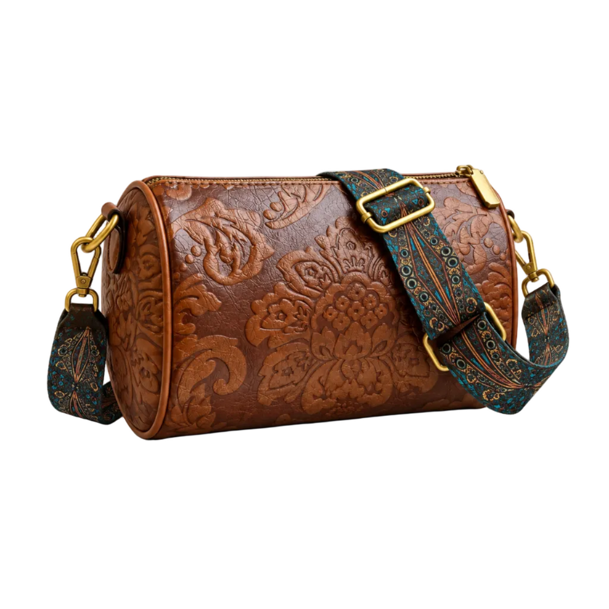 Brown Floral Embossed Barrel Vintage Crossbody Bag