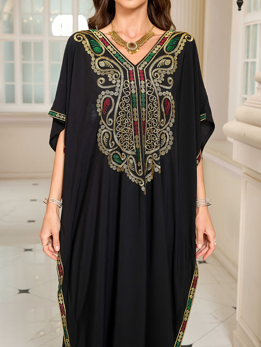 EDOLYNSA Sexy V-Neck Black Retro Colorful Embroidered Batwing Sleeve Elegant Dress Middle Eastern Fashion Loose Kaftan Long Robe Q1865