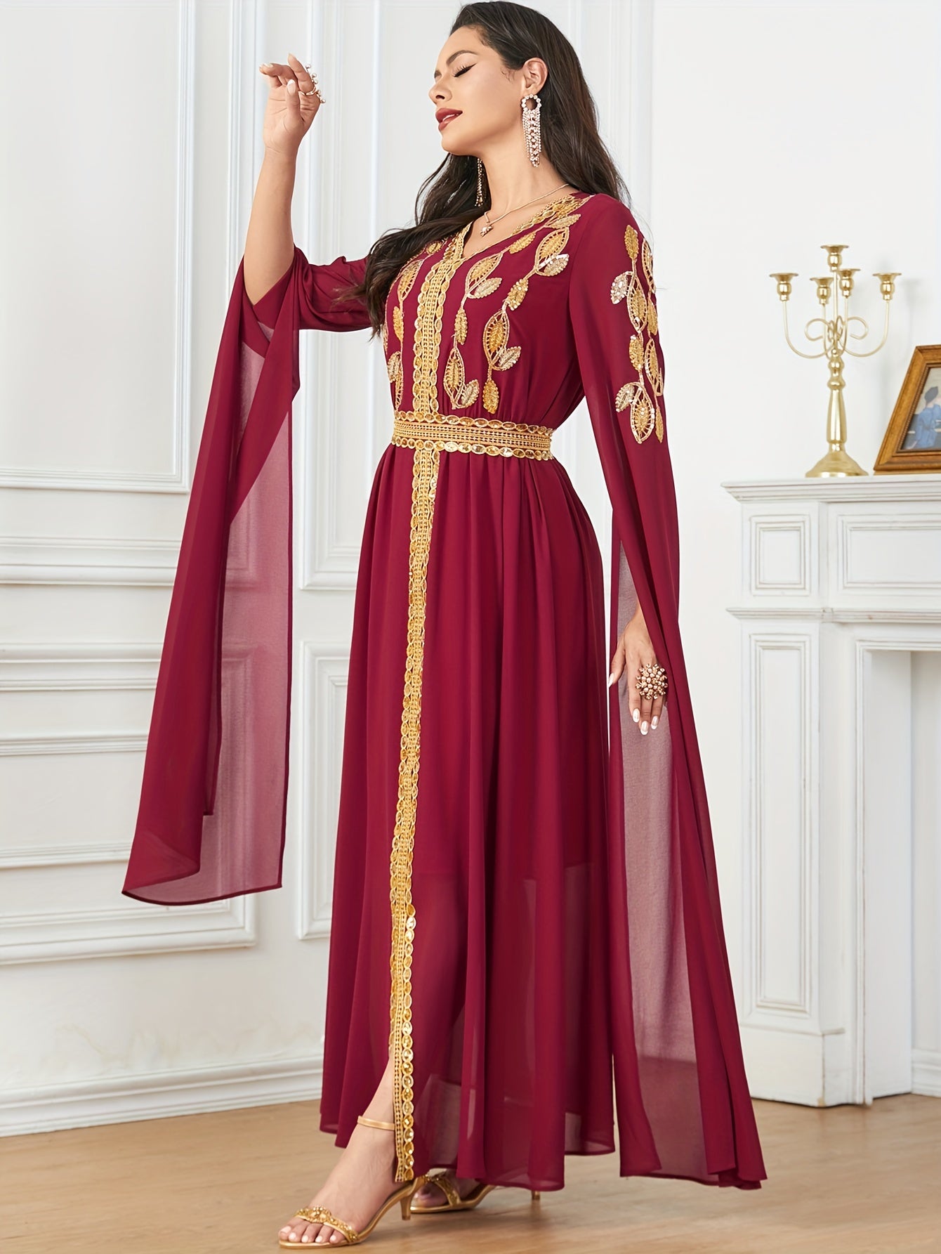 Embroidered V-Neck Abaya Dress, Elegant Cape Sleeve Maxi Dress, Women's Clothing