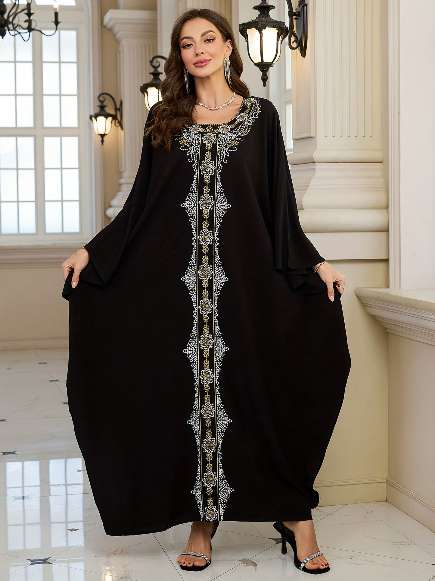 Plus Size Elegant Long Sleeve Batwing Kaftan, Viscose Non-Stretch Fabric, Tribal Embroidery, Loose Fit, with Woven Traditional Middle Eastern Abaya Robe for Festive Occasions
