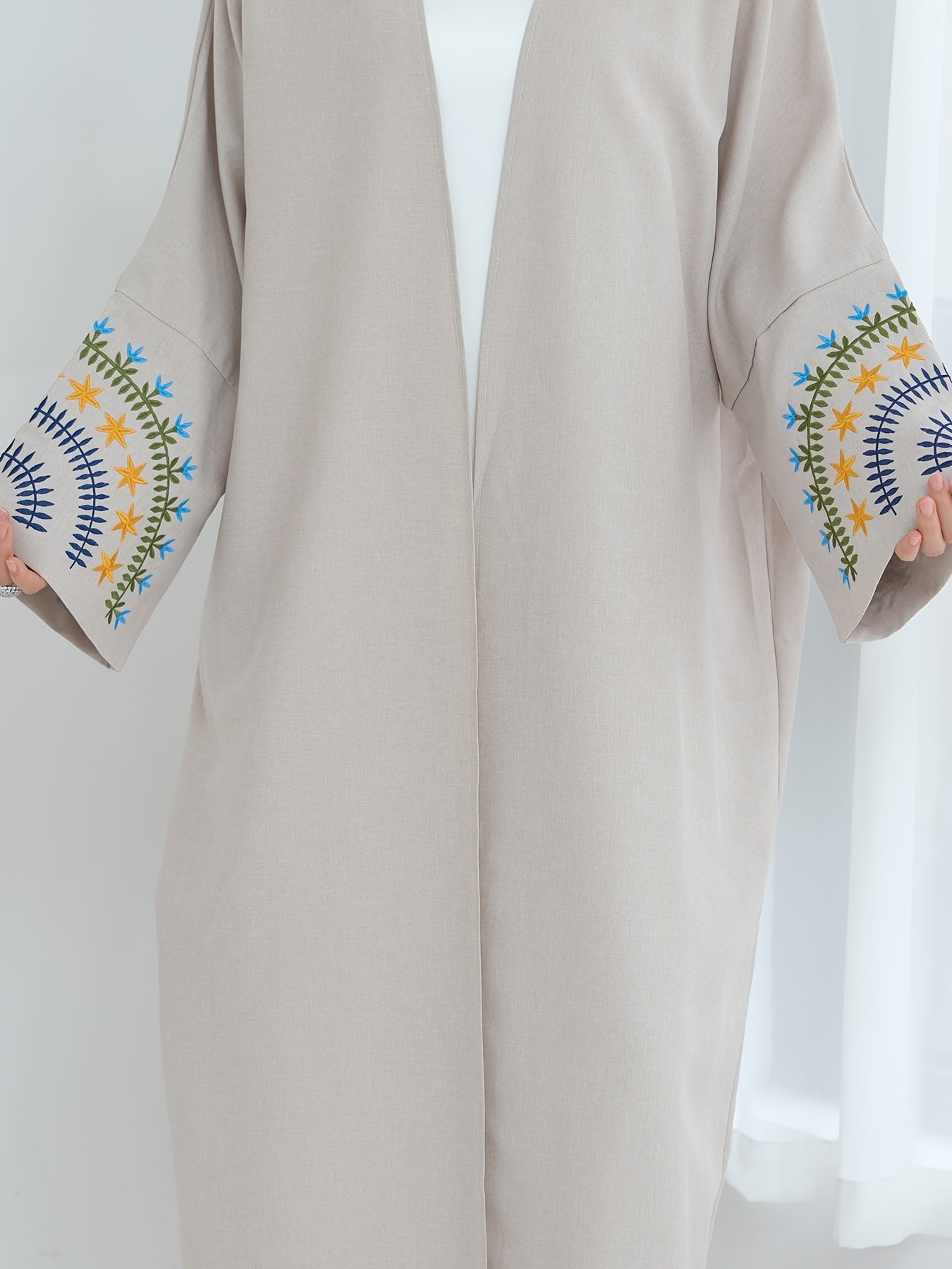 Elegant Beige Kimono Abaya - Open Front Linen-Look Polyester Dress for Women, Long Sleeve with Contrast Trim, All-Season Islamic Wear (Sizes S to XXL), Modest Clothing