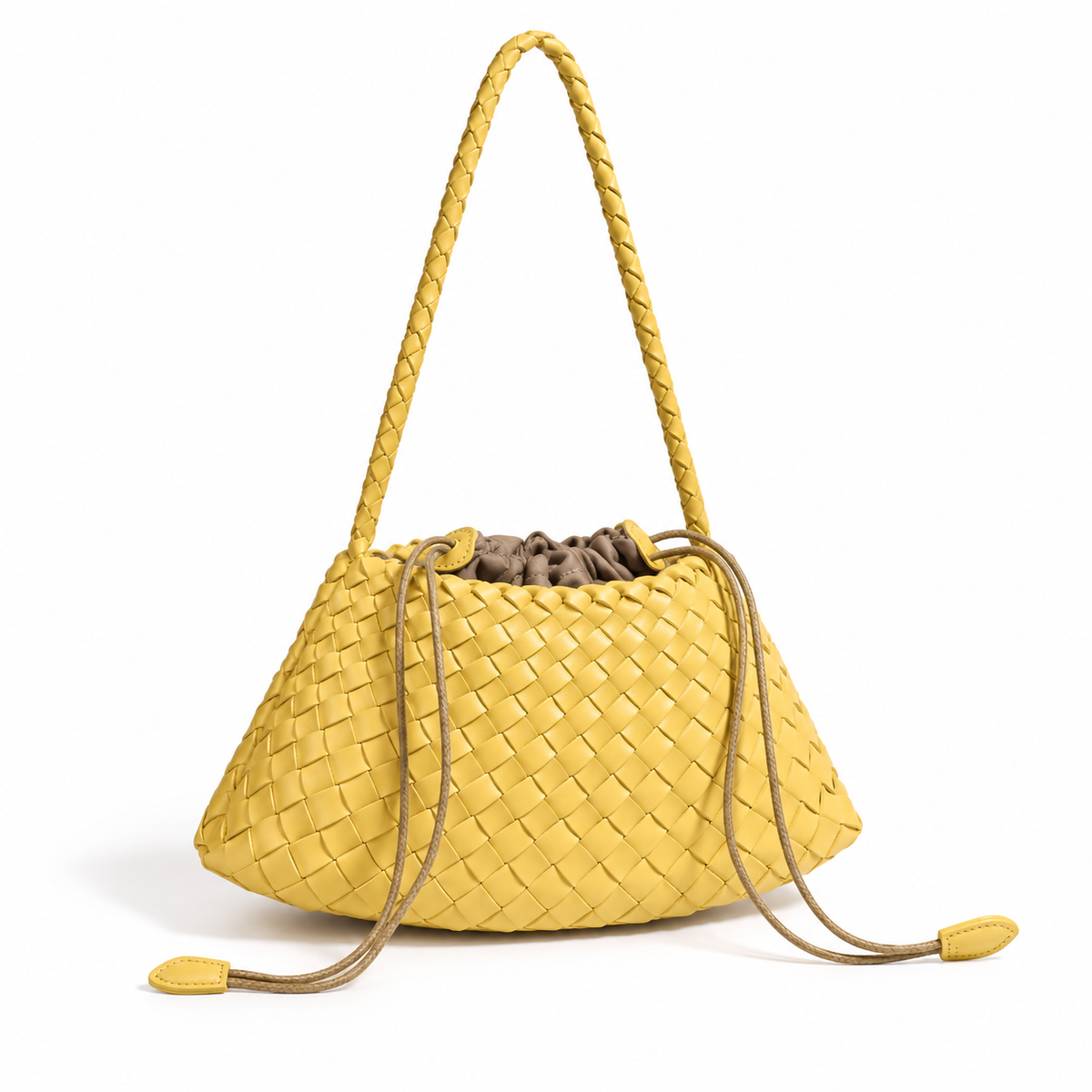 Yellow Woven Drawstring Braided Shoulder Bag