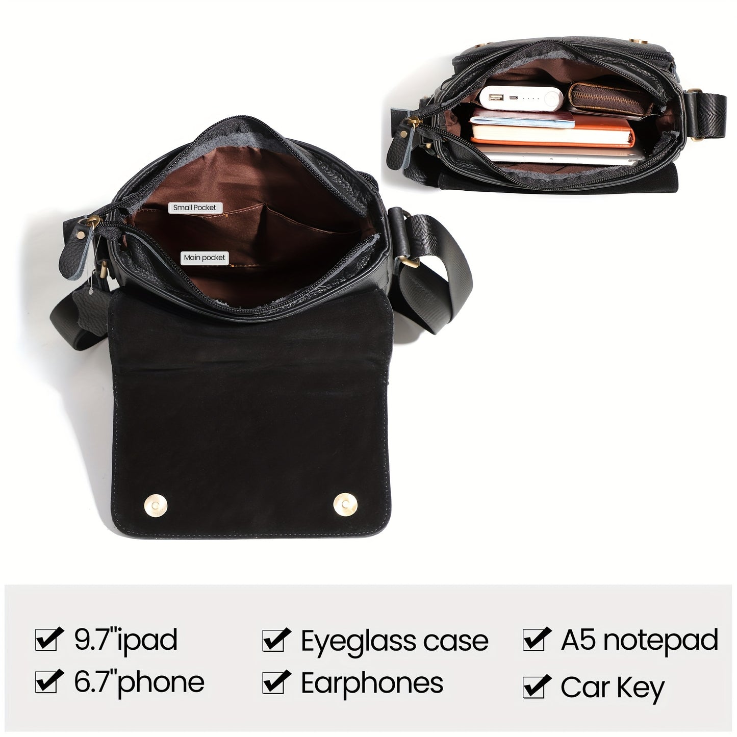 Men's Genuine Leather Shoulder Bag Messenger Crossbody Bag for Travel Work Business Leather Purse