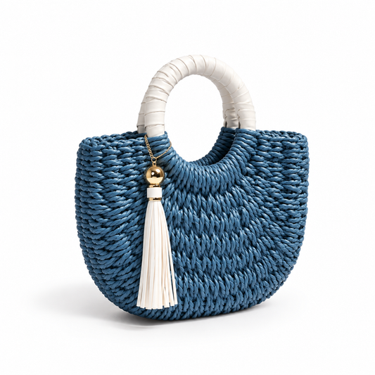 Blue Woven Tassel Ring Handle Handbag