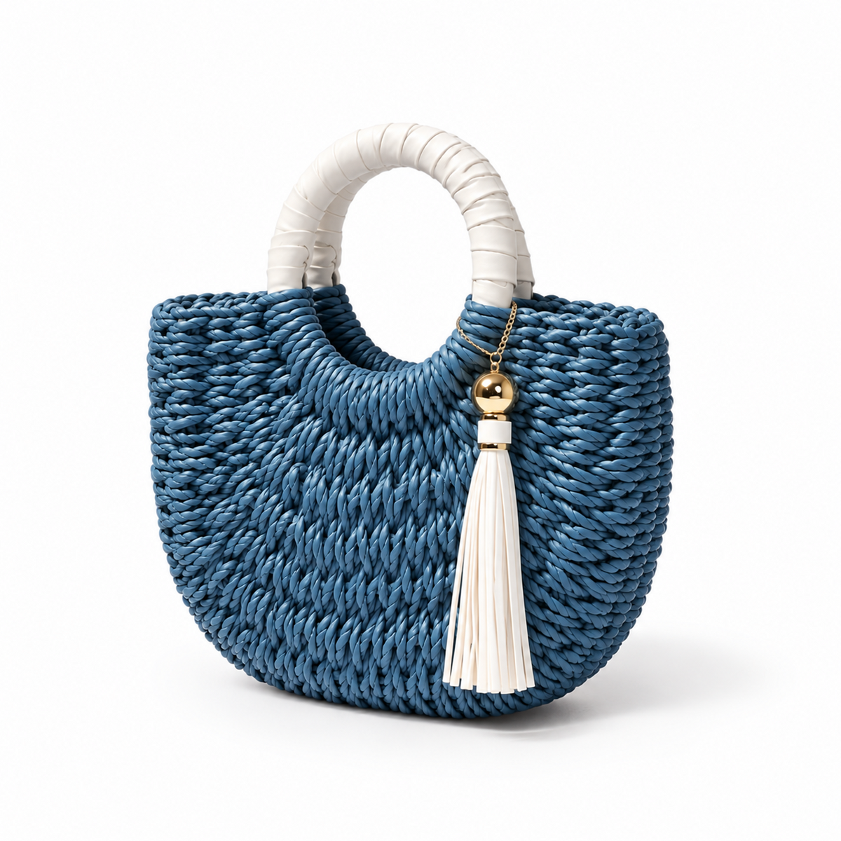 Blue Woven Tassel Ring Handle Handbag