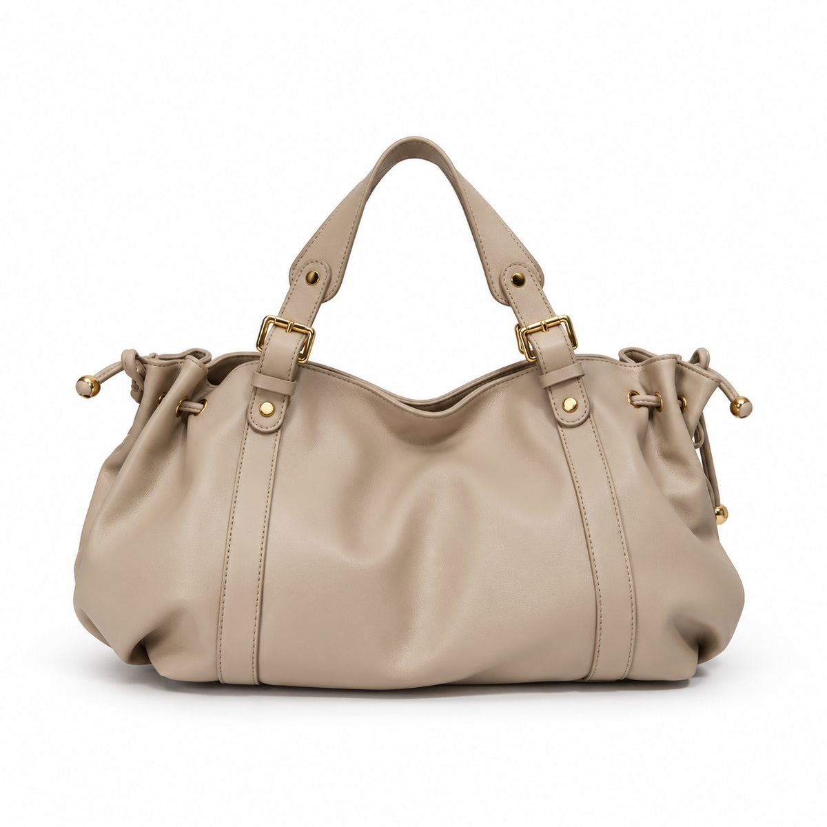 Elegant Taupe Slouchy Drawstring Tote Handbag