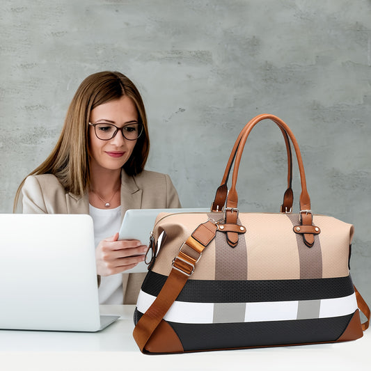 Top Handle Checkered Printed Leisure Travel Bag | Large Capacity Women's Crossbody Duffel Bag, Fitness Bag, Business Computer Bag, Overnight Bag | Zipper Detachable Shoulder Strap, Daily Comm