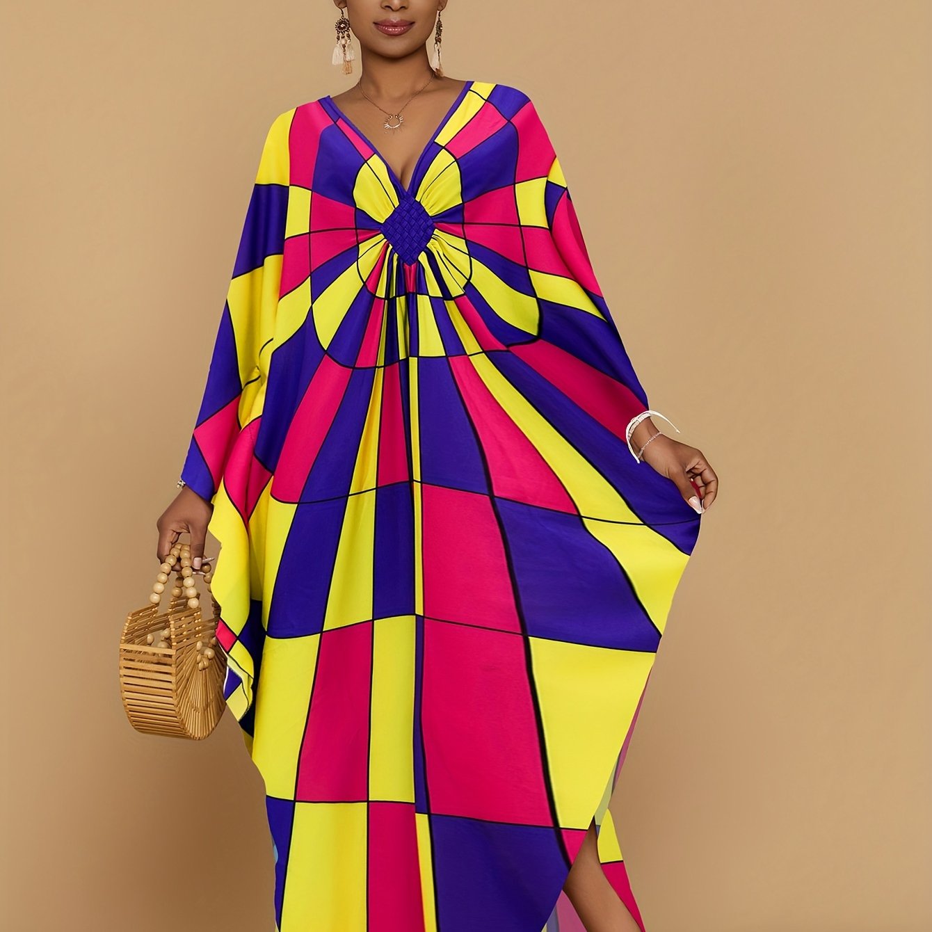 Vibrant Bohemian Kaftan Dress - Four-Sided Elastic V-Neck, Bat Sleeves, Beach Cover-Up