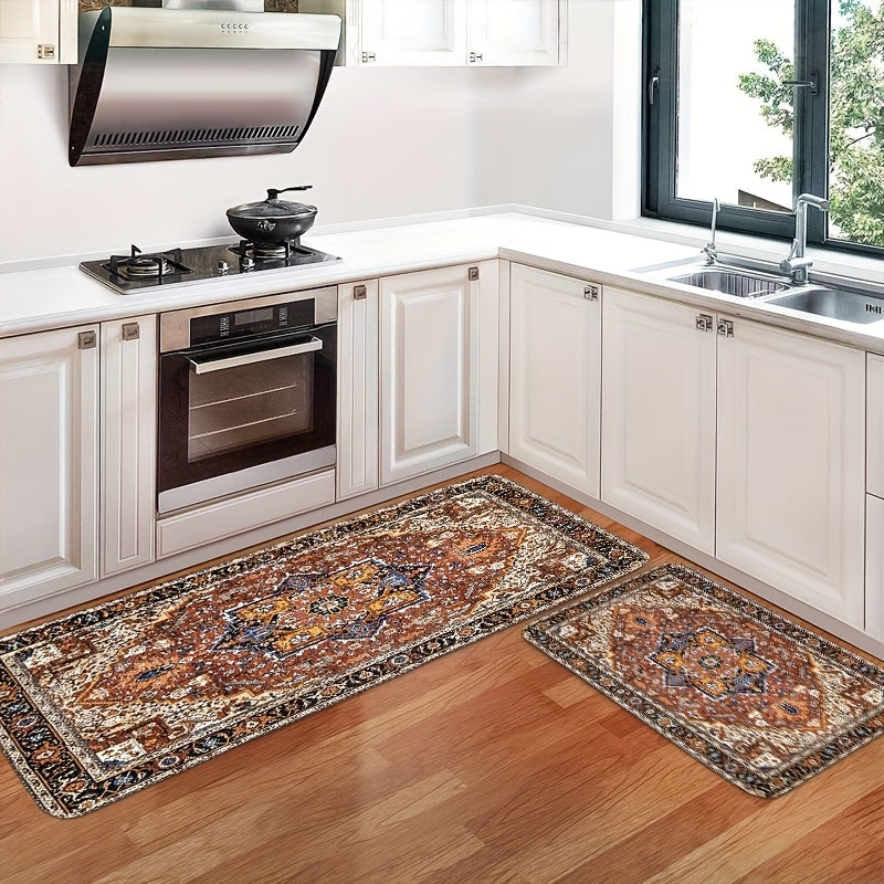 Kitchen Mat Set Featuring a Bohemian Style, Small Decorative Rugs with Vintage Eastern Medal Designs, Persian Carpets Made of Plush Material That Are Stain-Resistant, Non-Slip, Soft, Comfortable, And Easy to Clean