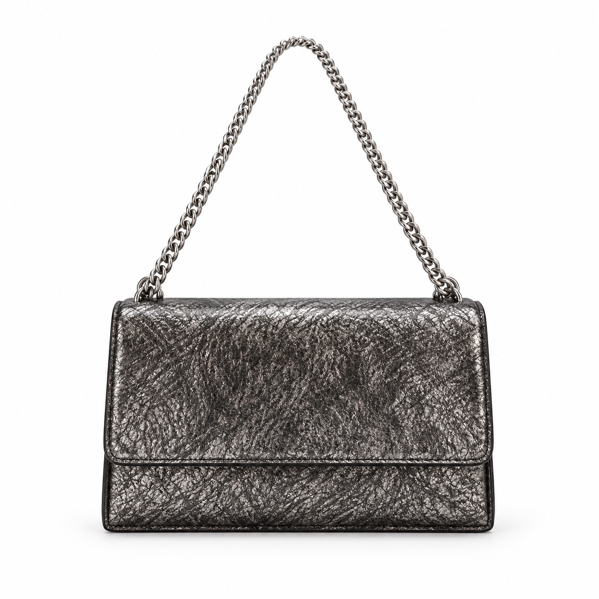 Metallic Silver Textured Chain Shoulder Bag