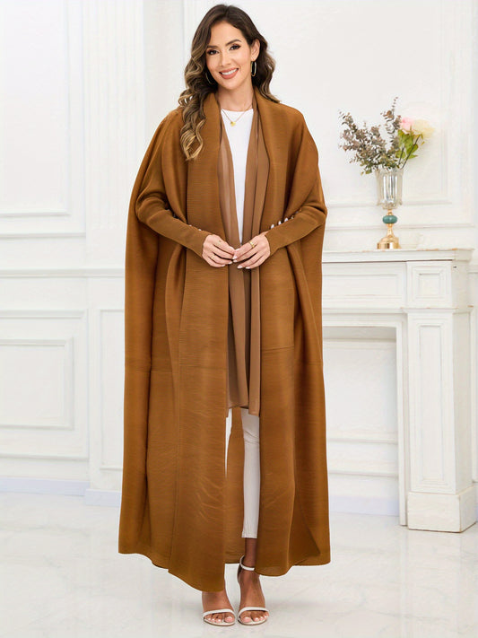 Women's Arabic Abaya with Scarf - Deep Brown Three-Way Pleated Design, Loose Fit, Long Sleeves, Belted Waist, Polyester Blend, Perfect for Muslim Prayer & Casual Wear, Muslim Clothing
