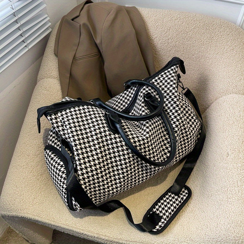 Large Capacity Houndstooth Pattern Sports Bag, Versatile Travel Duffel Luggage Handbag, Trendy Overnight Bag