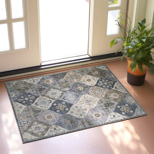 Moroccan Floral Area Rug, Entryway Rug Non-Slip Washable Small Arabian Rug, Ultra Soft Antique Print Vintage Distressed Low-Pile Indoor Door Mat Floor Carpet for Entrance Kitchen Bathroom Bedroom