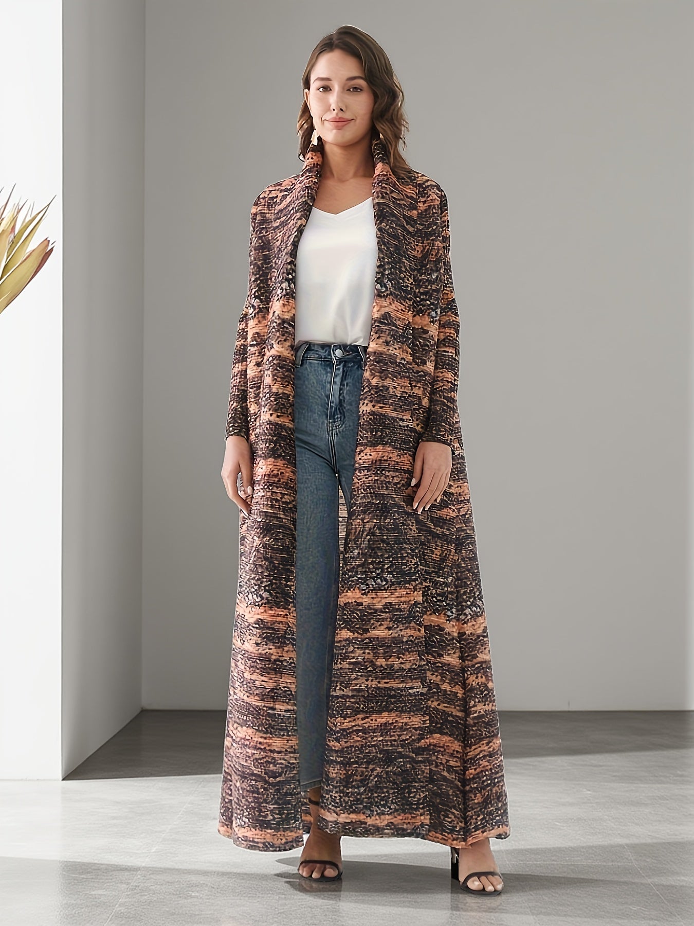 Printed Sleeveless Long Robe Abaya with Leopard Print, Pleated Detailing & Adjustable Waist Belt - Machine Washable Mid-Stretch Fabric for All-Season Wear, Versatile Outerwear, Flowing Silhouette