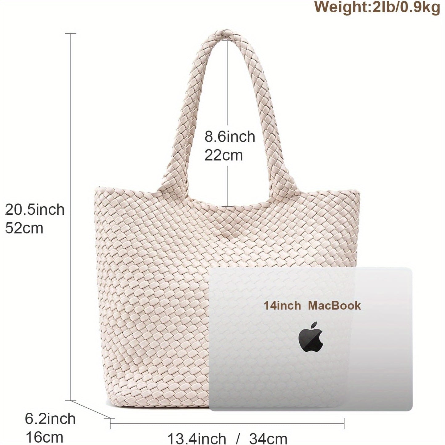 Women's Vegan Tote Bag - Large Woven Handbag with Zipper Closure & Wrist Strap, White & Brown Striped Design, Durable Oil-Edged Finish for Casual or Formal Use