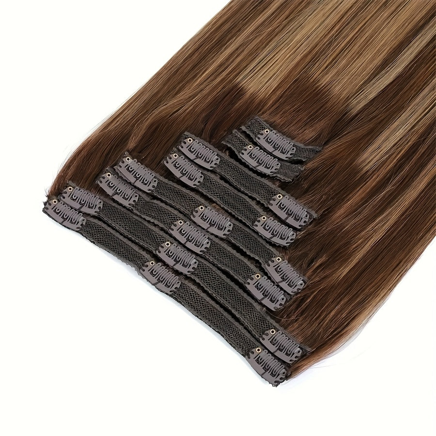 8pcs Brazilian 100% Human Hair Hair Extensions with 18 Clips In - #4/27 Highlight Straight Hair Suitable for Women, Highlights, Volume & Length, 4/27 Color Match for Afro Hair