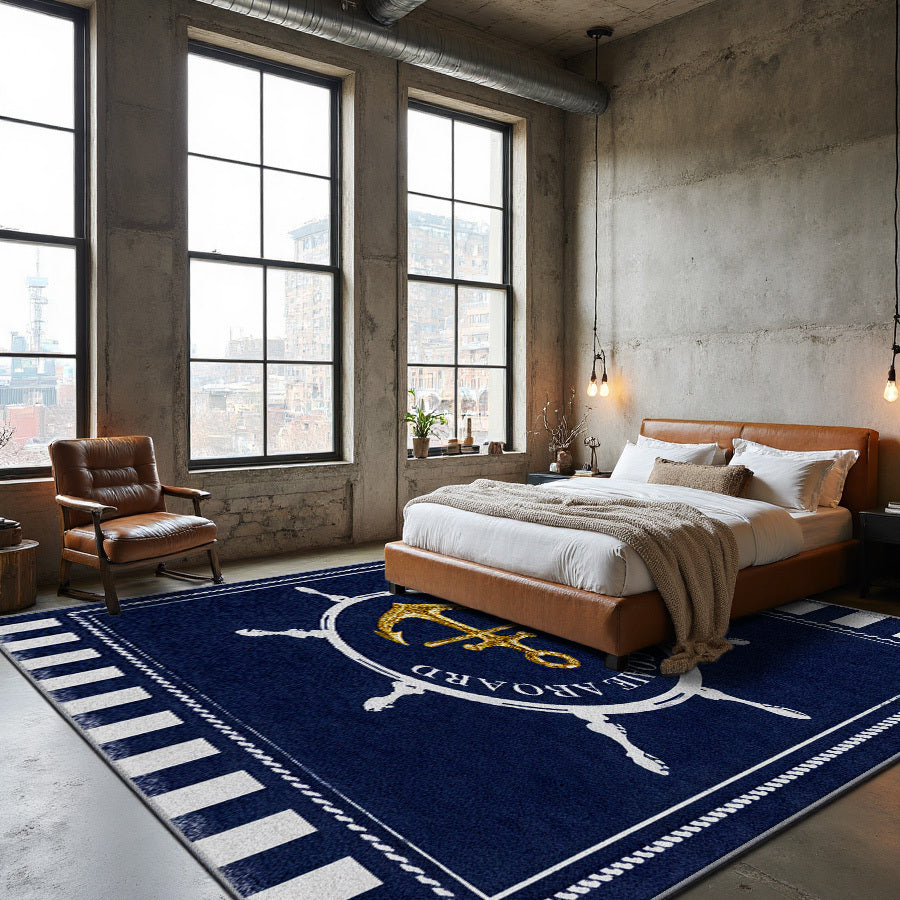 Floor Mat, Machine Washable Nautical Style Fade-Resistant Soft Dark Blue with Golden Anchor Pattern, Suitable for Living Room Bedroom Office Home Decoration, Large Size.Inch Thanksgiving Gift Autumn