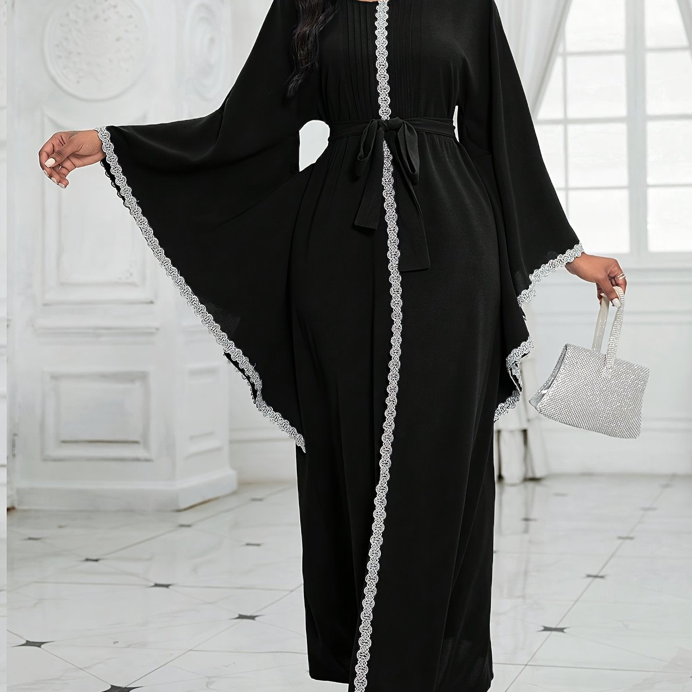 Women's Middle Eastern-Inspired Geometric Print Pakistani Abaya - Long Sleeve Belted Waist Floor-Length Dress with Pockets, Breathable Fabric for Spring/Summer