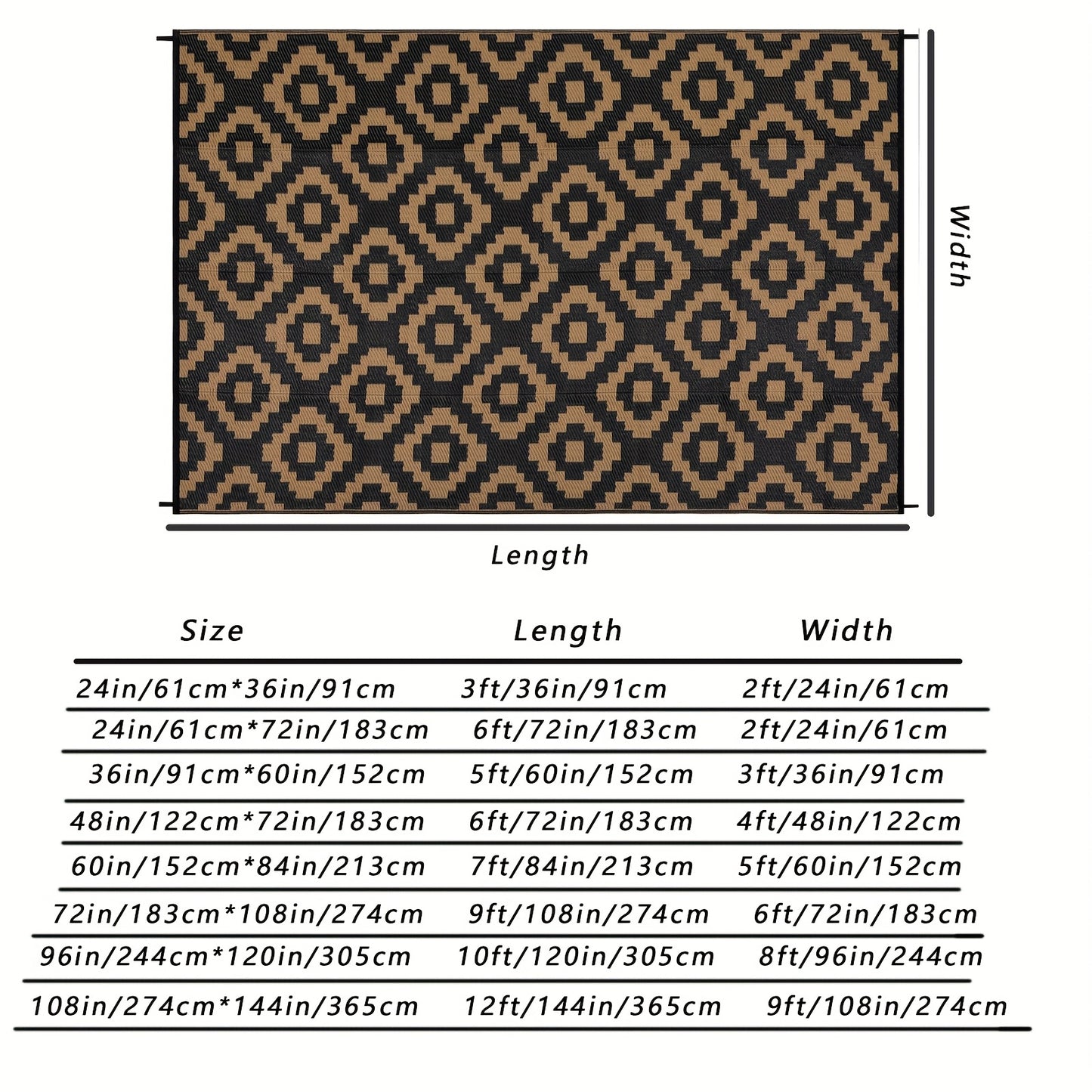 1pc Outdoor Reversible Erasable Area Rugs For Garden Backyard Large Portable Carpet Lightweight Plastic Straw Rug For Camping Foldable Easy Care Picnic Mat Modern Geometric Rugs RV Patio Auto Decor Black And Brown