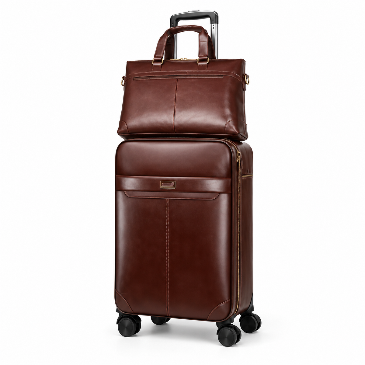 Coffee Brown Leather Trolley Luggage With Tote