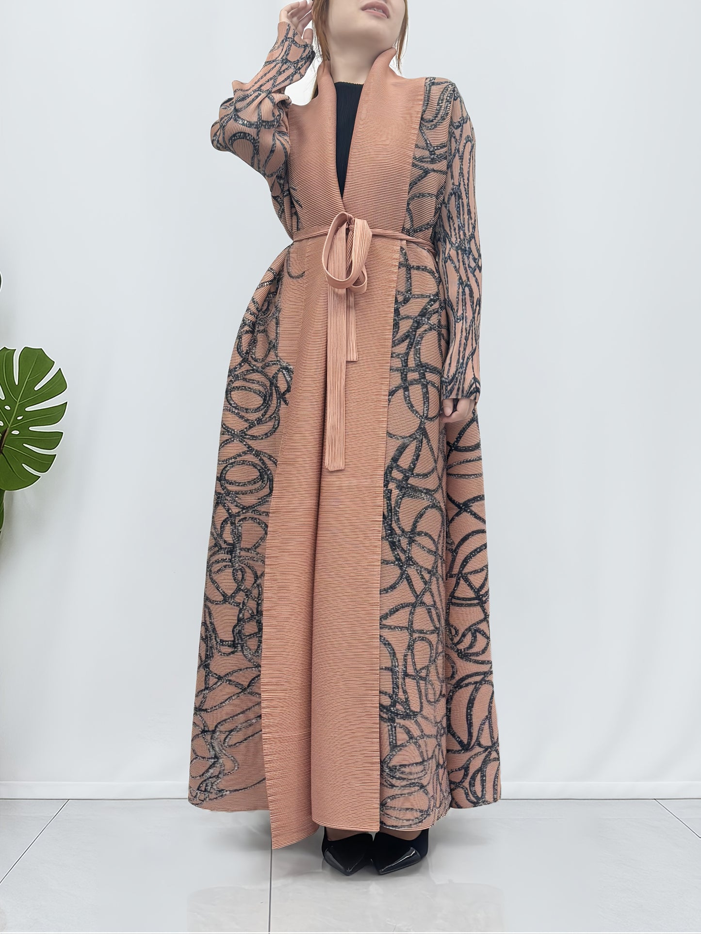 Women's Elegant Middle Eastern Abaya Robe - Long Maxi Dress with Adjustable Waist Belt, Flowy Pantsuit-like Outfit in Soft Pink/Black/, Stretchy Non-Transparent Fabric for Travel, Formal Events, Everyday