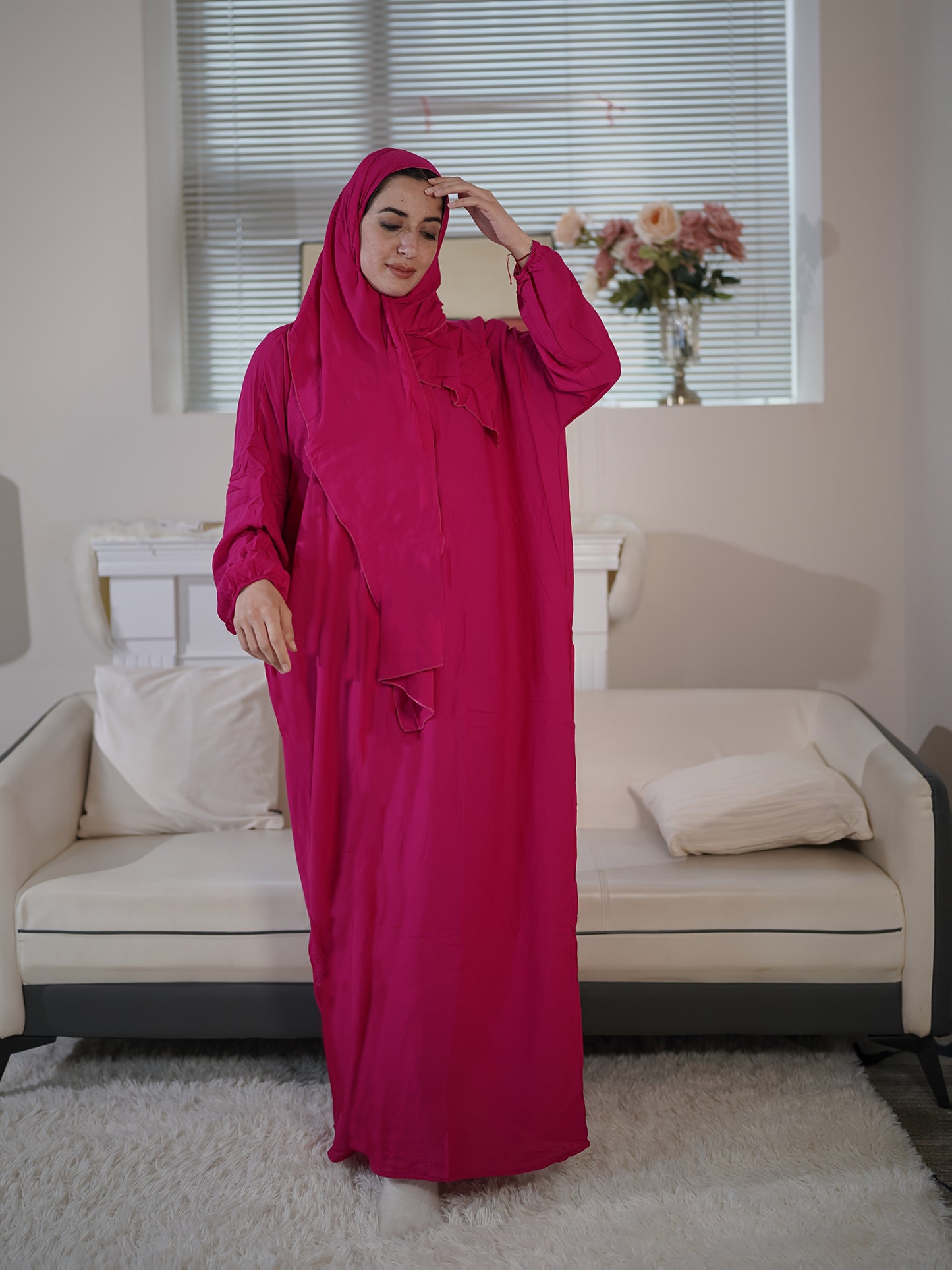 Long Sleeve Comfortable Women's Prayer Arabic Abaya - Integrated Hijab, Solid Color, Loose Fit, Rayon Fabric, Machine Washable