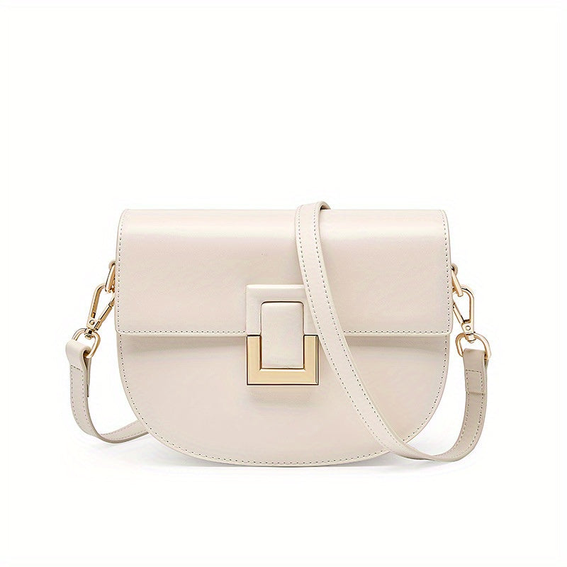 2025 New Style Women's Vintage Saddle Crossbody Bag - Genuine Leather Shoulder Bag with Golden-Tone Buckle Closure, Polyester Lining & Oil-Edged Trim