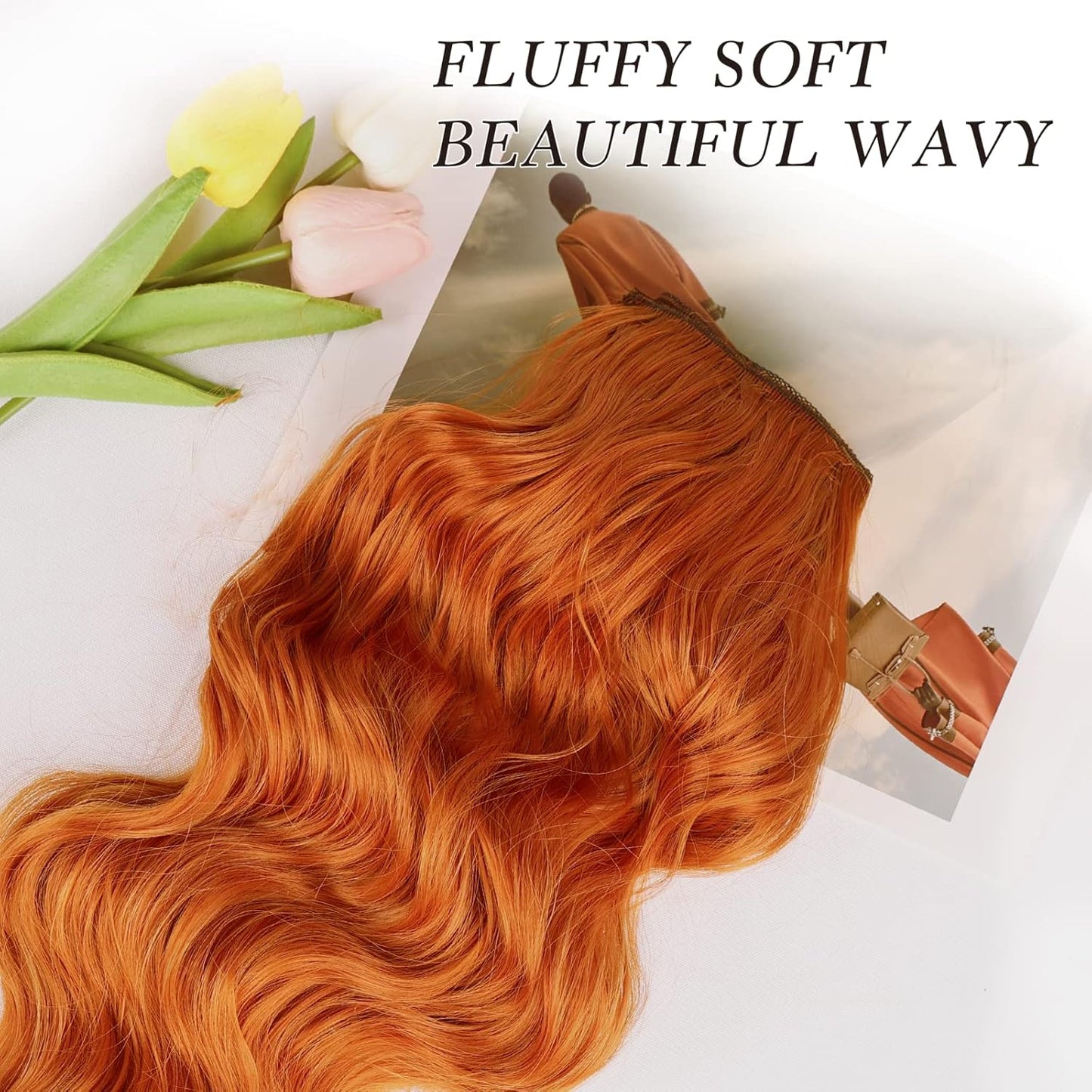 Clip in Hair Extensions for Women 20 Inch Long Wavy Curly Ginger Orange Hairpieces Full Head Synthetic Hair Hairpieces