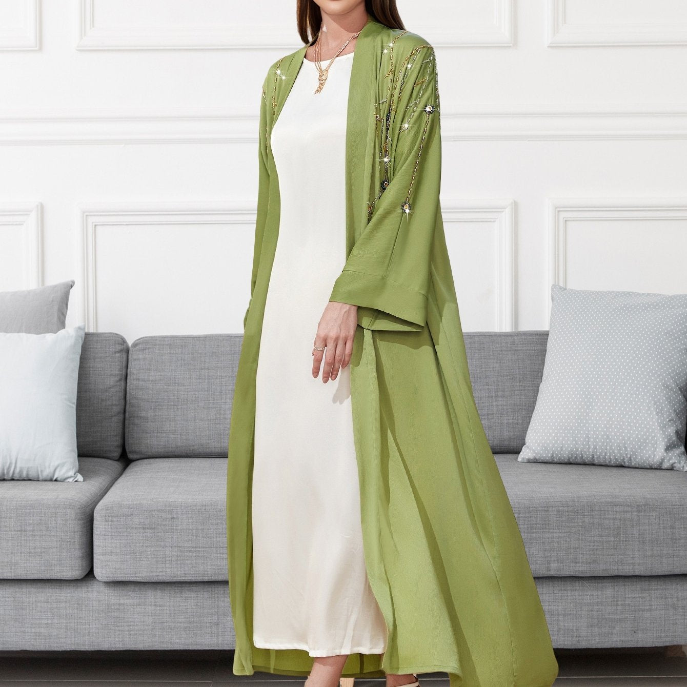 Elegant Green & White Long Tunic Dress with Beaded Detail - Casual Turkish Abaya Style, Long Sleeve, Floor-Length, Perfect for Spring/Summer, Casual Summer Wear | Elegant Long Dress | Texture