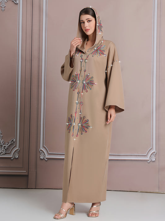 Elegant Long-Sleeve Kaftan with Colorful Embroidery - Polyester, Drop Shoulder, Slit Hem, No Belt, All-Season Wear, Abaya for Women, Festive Attire|Elegant Embroidery|Polyester Kaftan