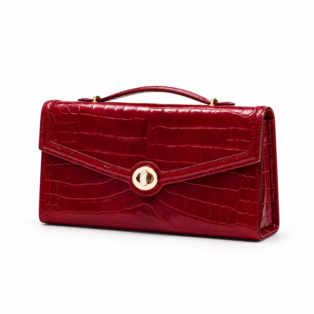 Red Crocodile Embossed Top Handle Clutch