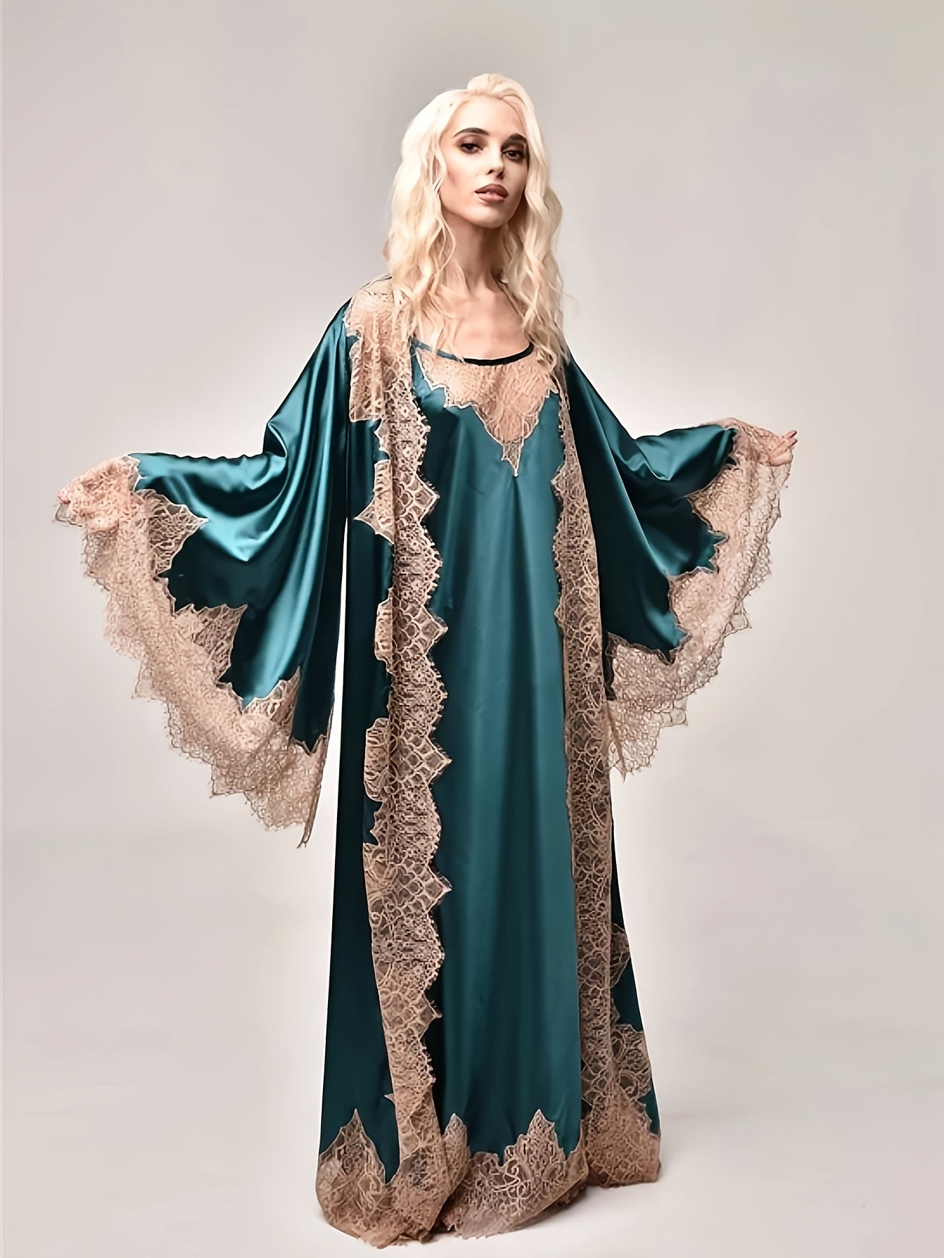 2pcs Satin Lace Kimono Abaya | Women's Bridal Robe On Wedding Day Light Long Lace Home Dress Pajamas