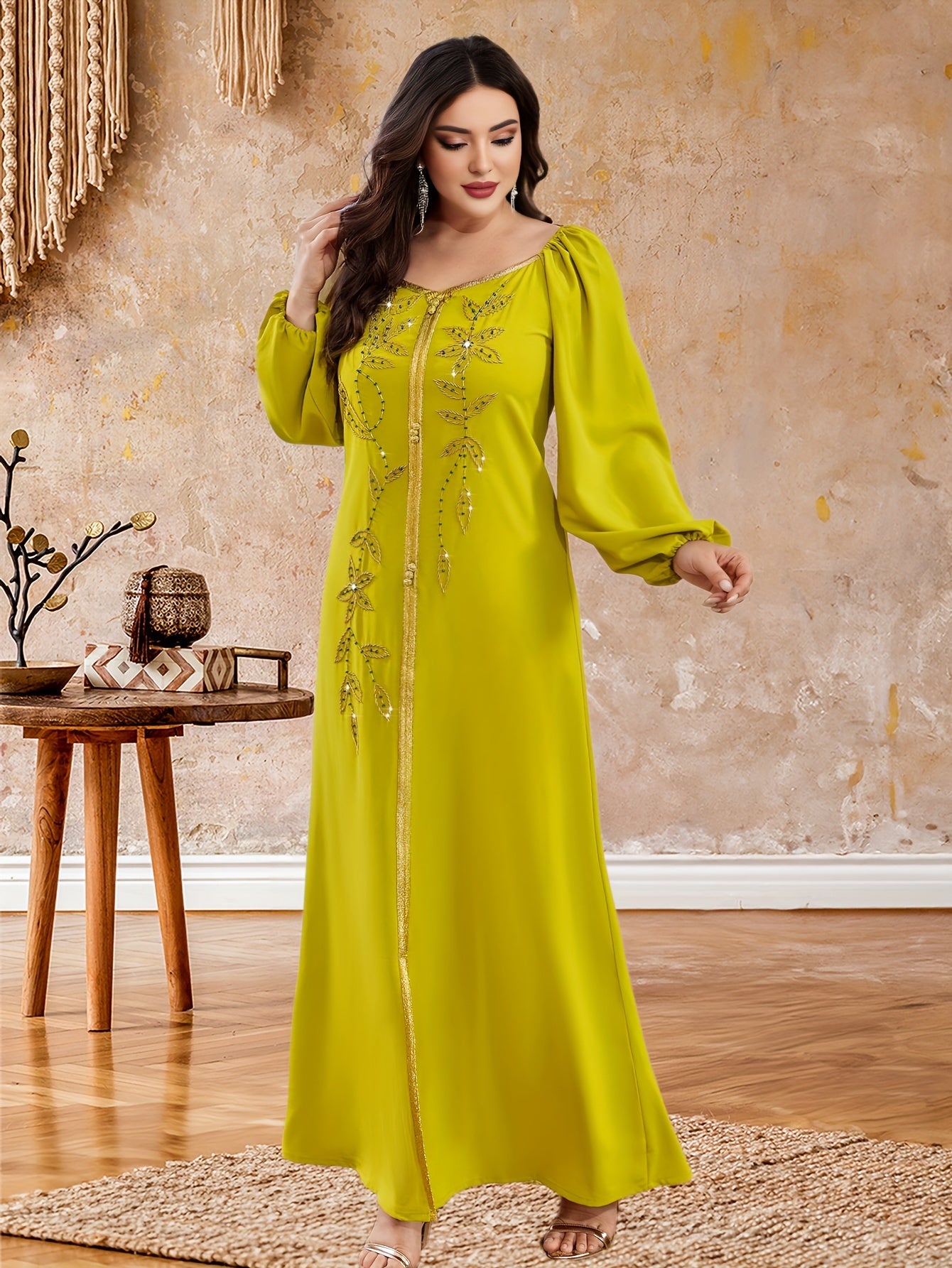 Elegant Long Sleeve Polyester Dress with Lantern Sleeves, Solid Color, Tie Back, and Belted Waist Palestinian Abaya