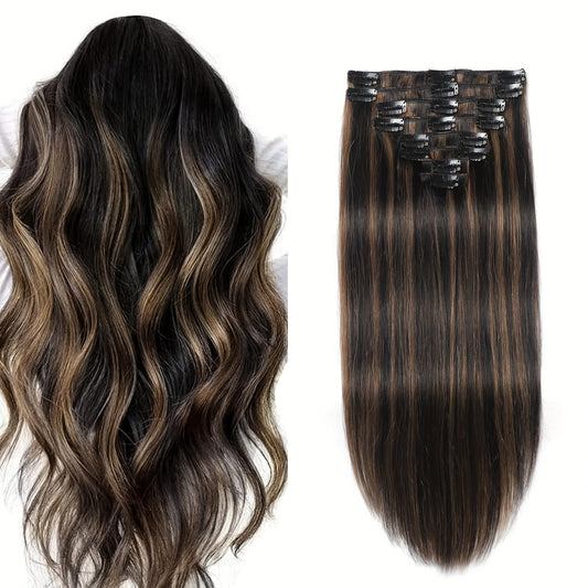 Real Human Hair Clip-In Extensions, Seamless Design for Women, Made from Remy Hair, Featuring Double Wefts with 8pcs Available in Lengths from 14 to 24 Inches, Transitioning from Natural Black to Chestnut Brown