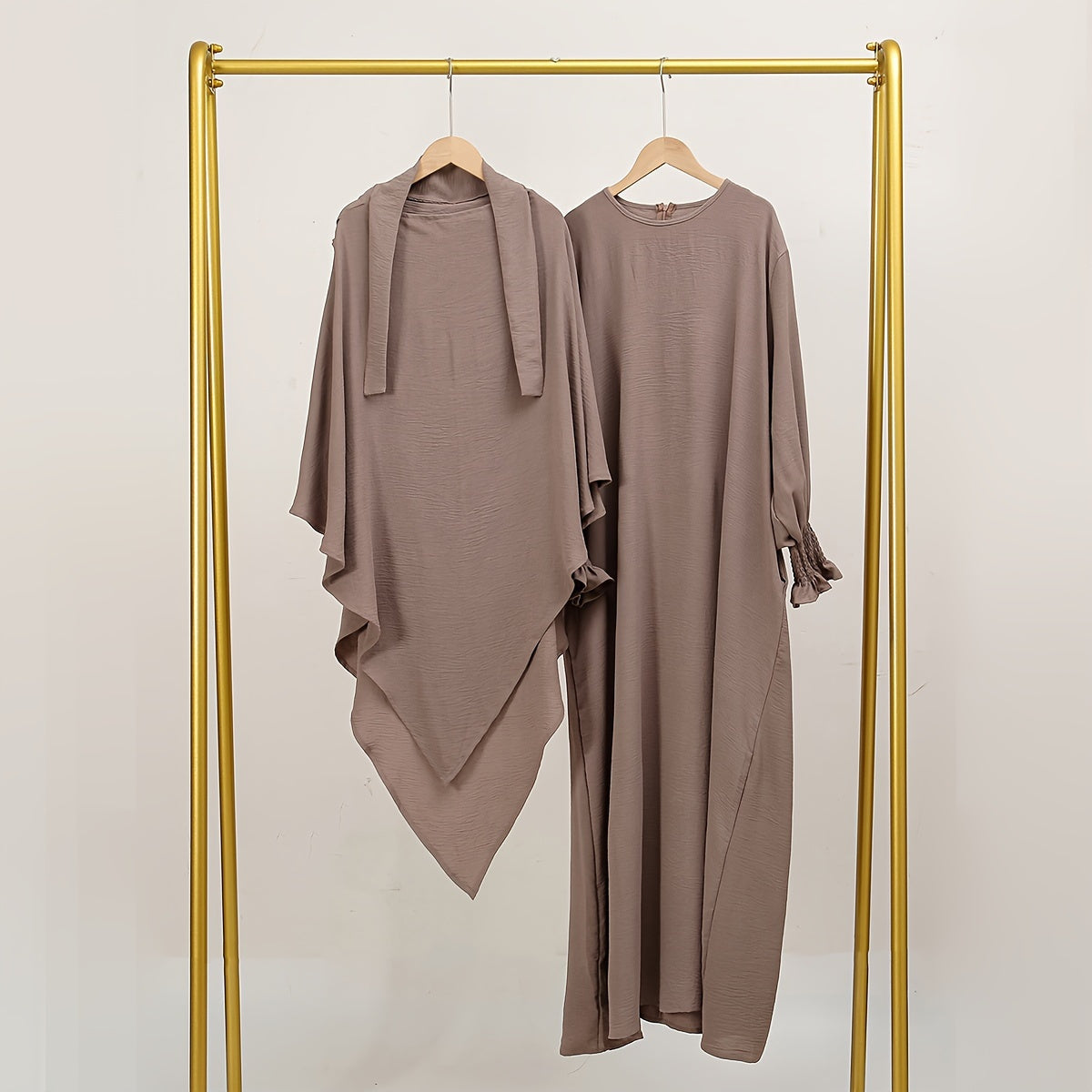 2pcs Elegant Black Polyester Hijab Robes with Pleated Sleeves - Breathable, Sun-Protective, and Stylish Khimar Abaya for Women, Perfect for Outdoor Wear, Hijab Scarf
