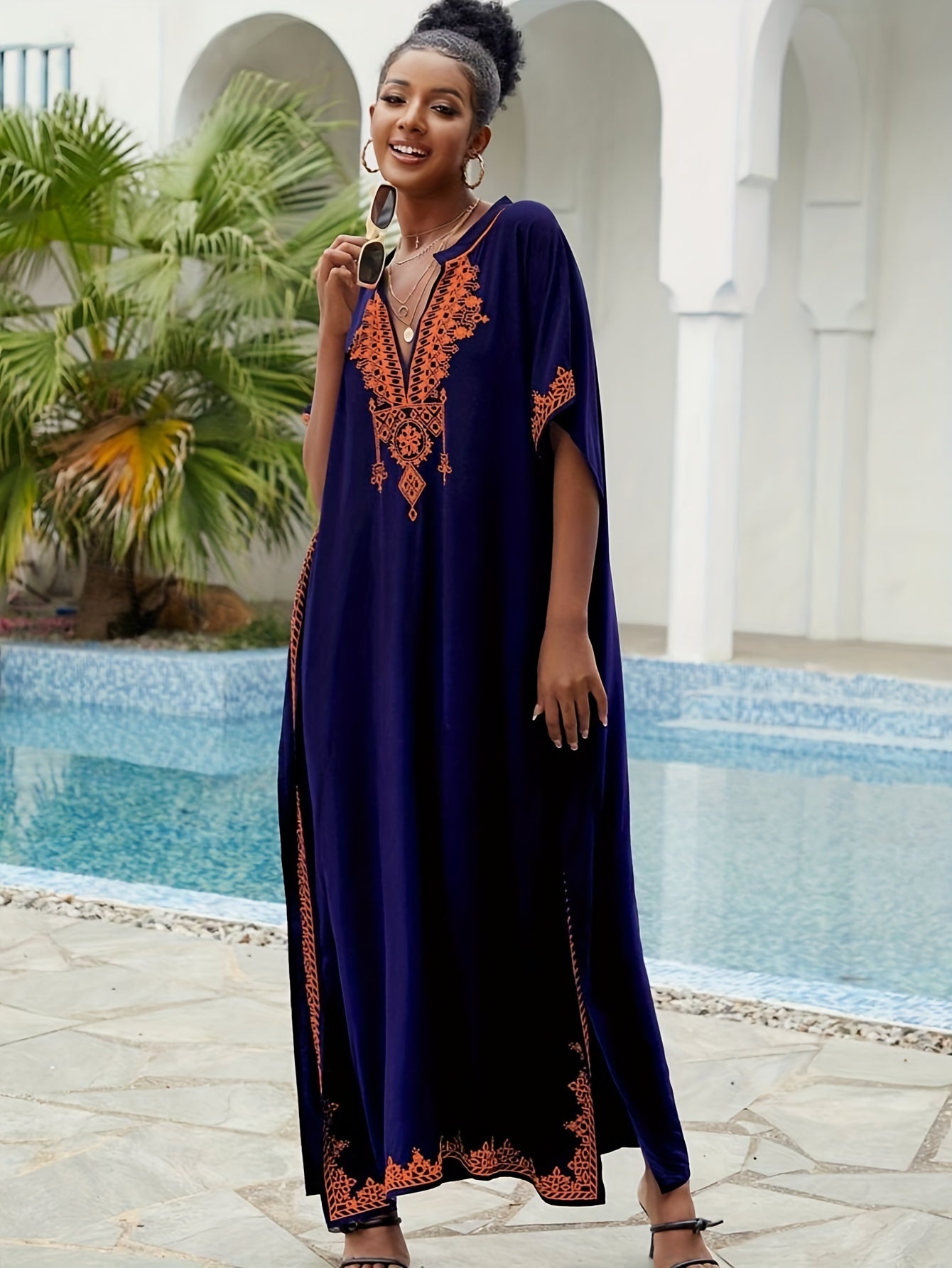 Batwing Sleeve House Kaftan Dress | Embroidery Batwing Sleeve House Kaftan Dress