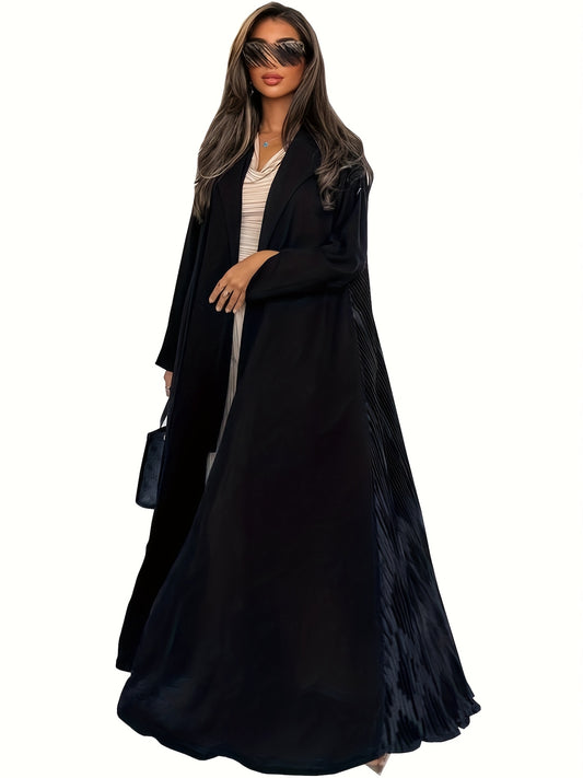 Elegant Black Arabian Fashion Emirati Abaya with Ruffle Detail - V-Neck, Long Sleeve, Floor-Length Kaftan for Women, Casual Style, All-Season Wear, Casual Wear Abaya | Vneck Abaya | Polyester Abaya