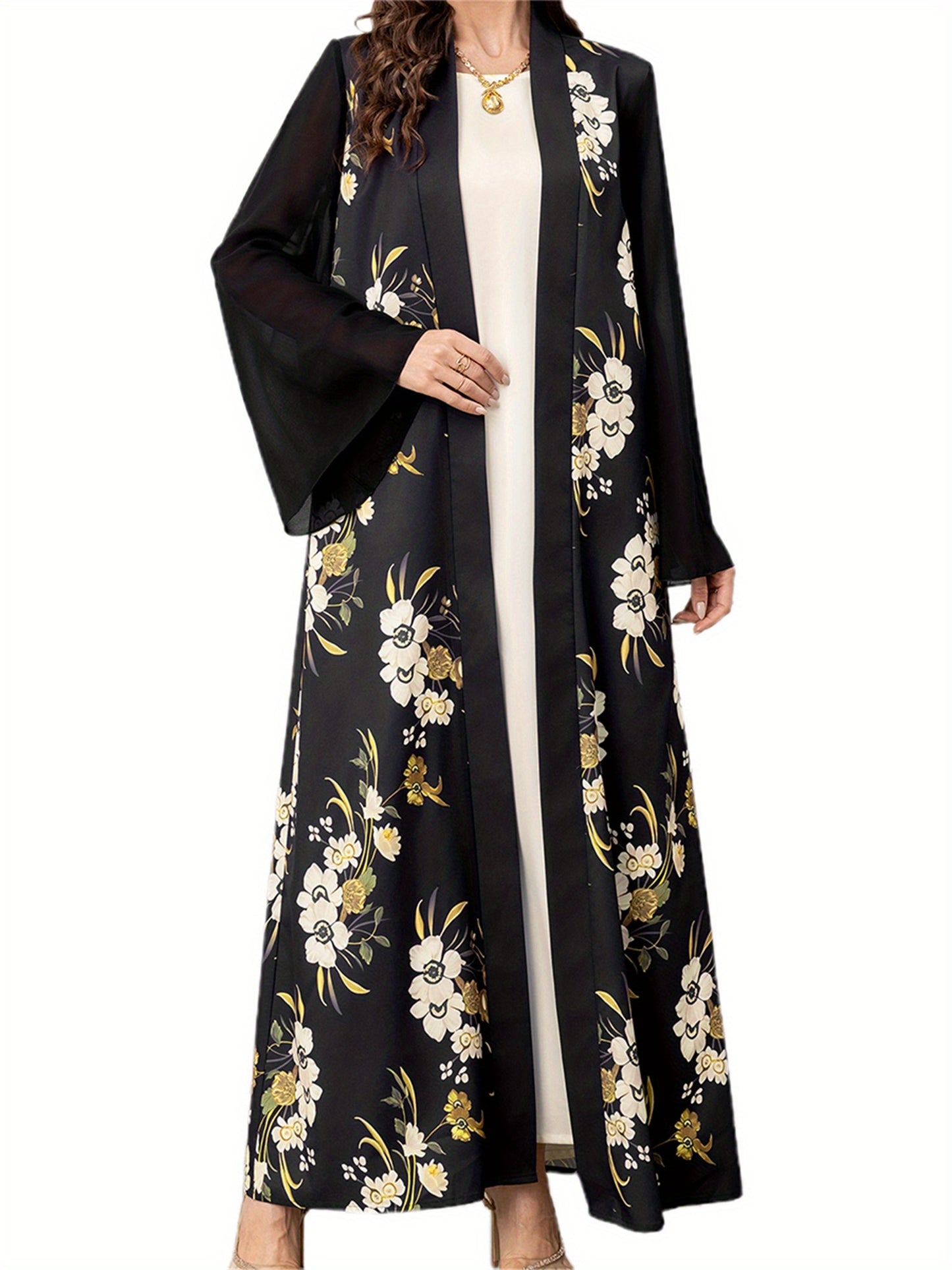 Elegant Black & White Floral Print Long Sleeve Kaftan Gown for Women - Loose Kimono Robe with Golden Accents, Perfect for Spring and Summer Casual Wear, Robes for Ladies