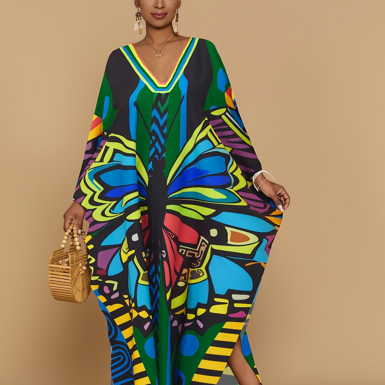 Vibrant Bohemian Kaftan Dress - Four-Sided Elastic V-Neck, Bat Sleeves, Beach Cover-Up