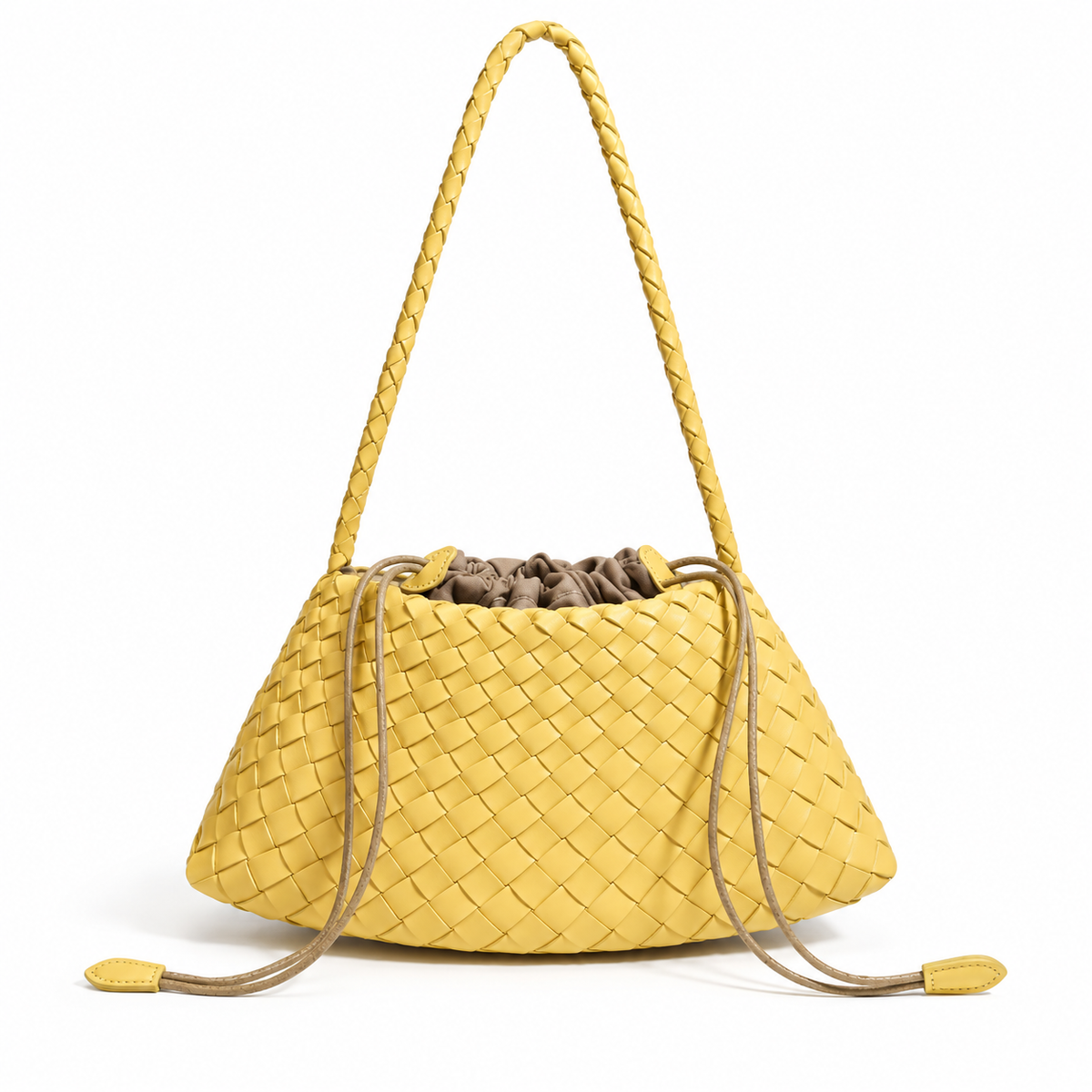 Yellow Woven Drawstring Braided Shoulder Bag
