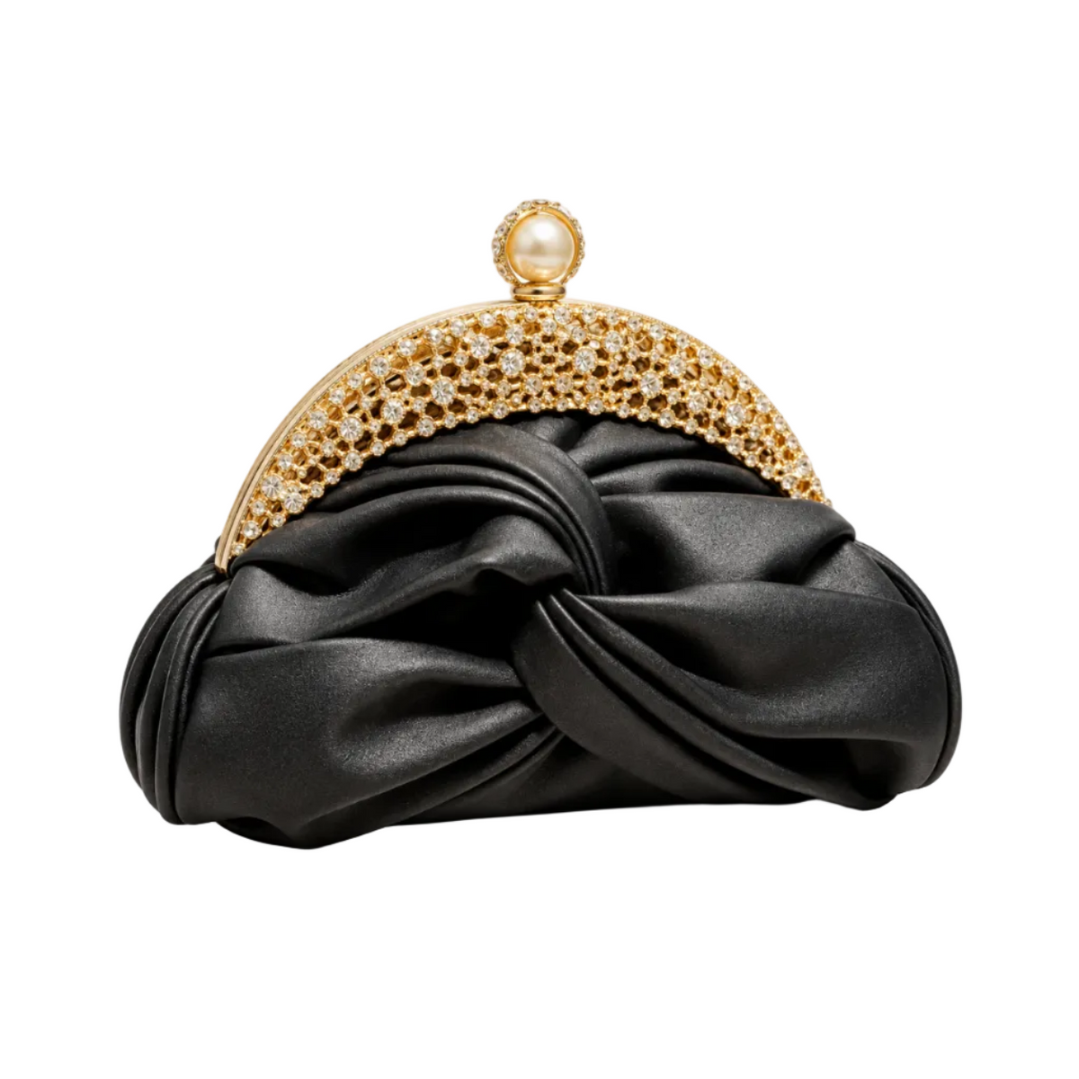 Black Ruched Crystal Frame Evening Clutch