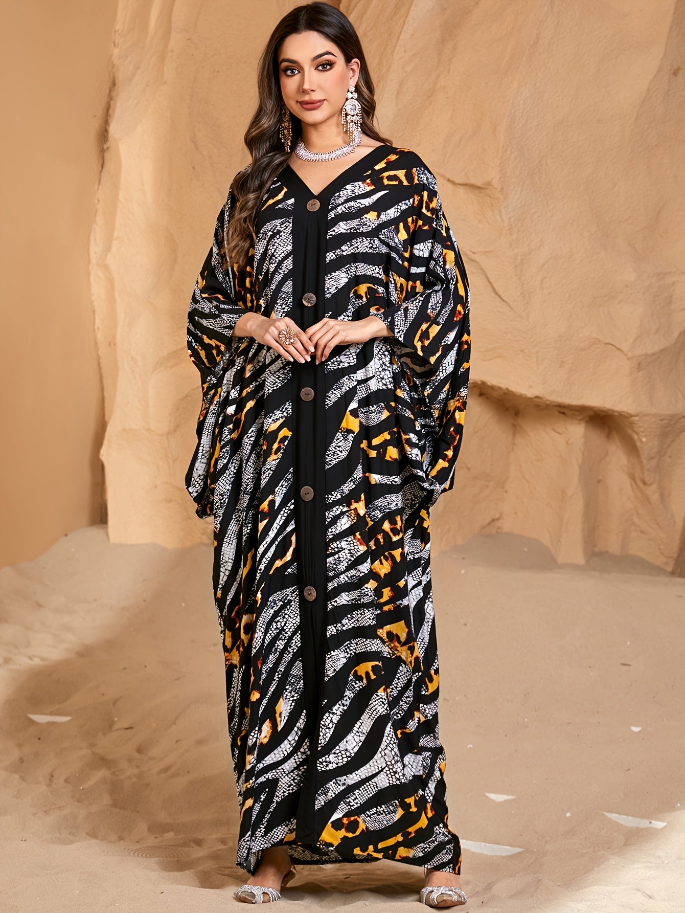EDOLYNSA Elegant Long-Sleeve Leopard Print Ethnic Style Open-Front Dress in Light Gray, Middle Eastern Fashion Loose Vacation Kaftan Cover-Up Q1827