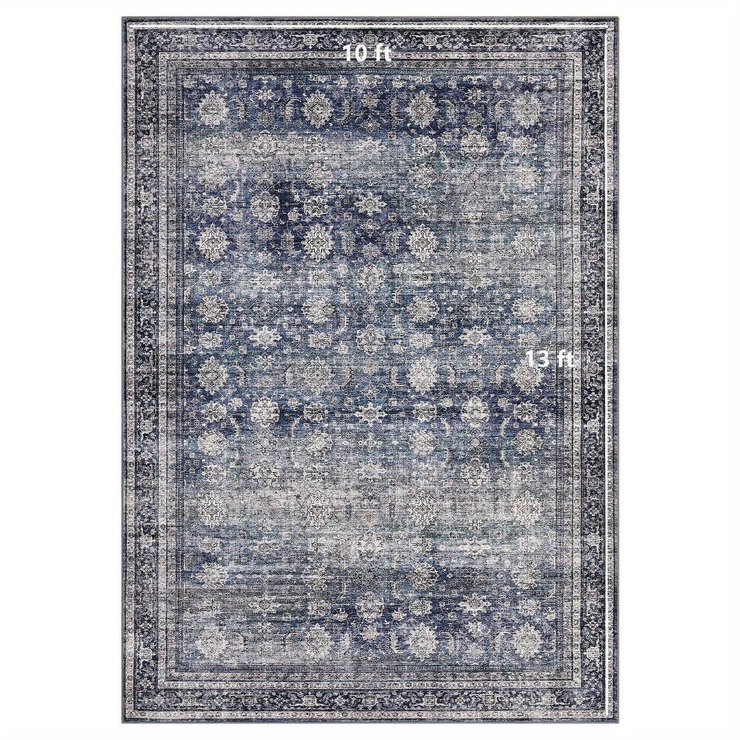 Large 10x13ft Oriental Floral Print Area Mat - Non-Shedding Low Pile Mat, Blue & Brown Beige Traditional Floor Mat for Living Room, Dining Room, Office - Machine Washable Soft Durable Mat with Elegant Floral Medallion Design
